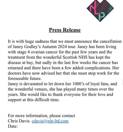 Janey Godley cancels tour amid cancer battle