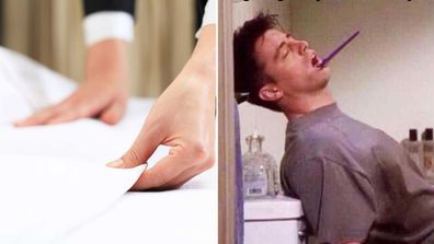Fixing bed sheets / Joey falling asleep on the toilet in Friends