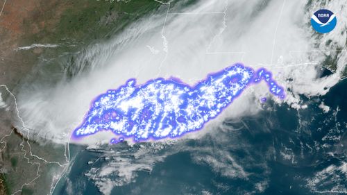 Lightning imagery over the southern United States from the NOAA showing the longest horizontal lightning flash recorded via the Geostationary Lightning Mapper.