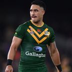 Kangaroos star Valentine Holmes during the Rugby League World Cup semi-final match between Australia and New Zealand at Elland Road on November 11, 2022 in Leeds, England. 