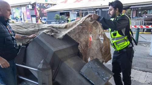 AUS DAY VANDALISM: AJohn Batman statue cut in half, destroyed by vandals on Queen St near Queen Victoria Market. Melbourne 25.01.25