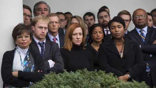 Obama White House staffers react as Donald Trump is shown around the West Wing. (AAP)