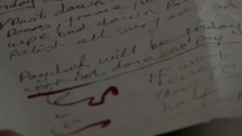 The note setting out Cooke's demands, with the warning Billingham would only get paid on Friday if the chores were completed. (Channel 4).