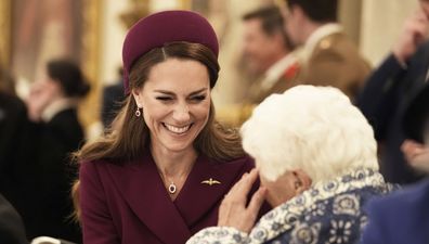 LONDON, ENGLAND - MAY 5: Catherine, Princess of Wales joins Second World War veterans at a tea party in Buckingham Palace following the military procession to mark the 80th anniversary of VE Day on May 5, 2025 in London, England. The King and Queen, joined by Members of the Royal Family, will take part in events from May 5th to May 8th to commemorate the 80th Anniversary of VE Day, which signalled the end of the Second World War in Europe. (Photo by Jordan Pettitt - WPA Pool/Getty Images)