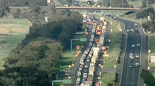 Long line of cars with traffic from the Little River checkpoint banked up almost to Werribee. September 12, 2020.