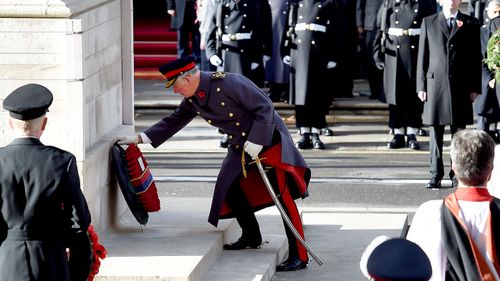 Charles, Prince of Wales, lays a wreath at the Cenotaph during the Remembrance Sunday and Centenary of the Armistice service on Whitehall in London, Britain.