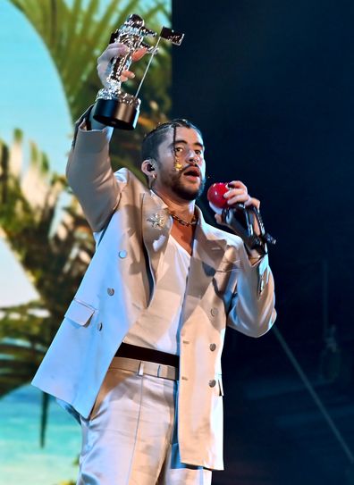 Bad Bunny performs at Yankee Stadium for the 2022 MTV VMAs broadcast on August 28, 2022 in New York City. 