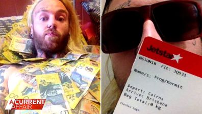 Shane Cuthbert shared selfies on social media showing him with wads of cash and a plane ticket under the name Kermit Frog.