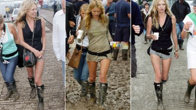 Kate Moss wearing Hunter gumboots at Glastonbury through the years