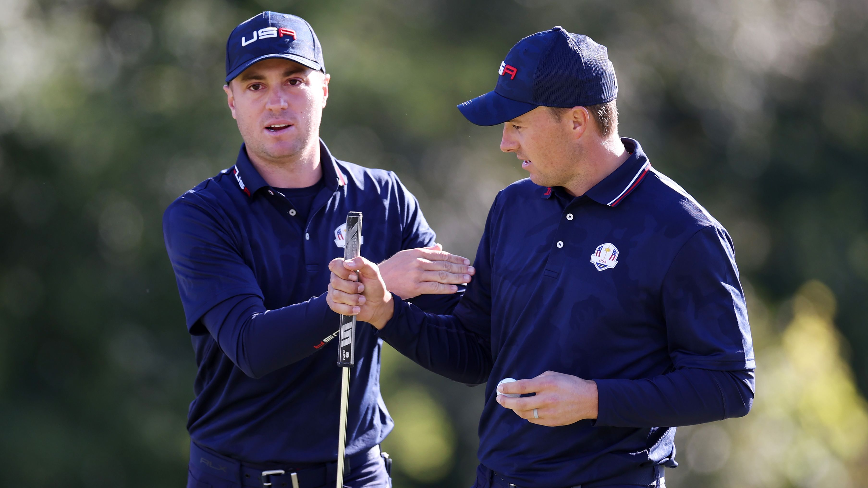 Justin Thomas of team United States (L) and Jordan Spieth during Saturday Morning Foursome Matches of the 43rd Ryder Cup at Whistling Straits.