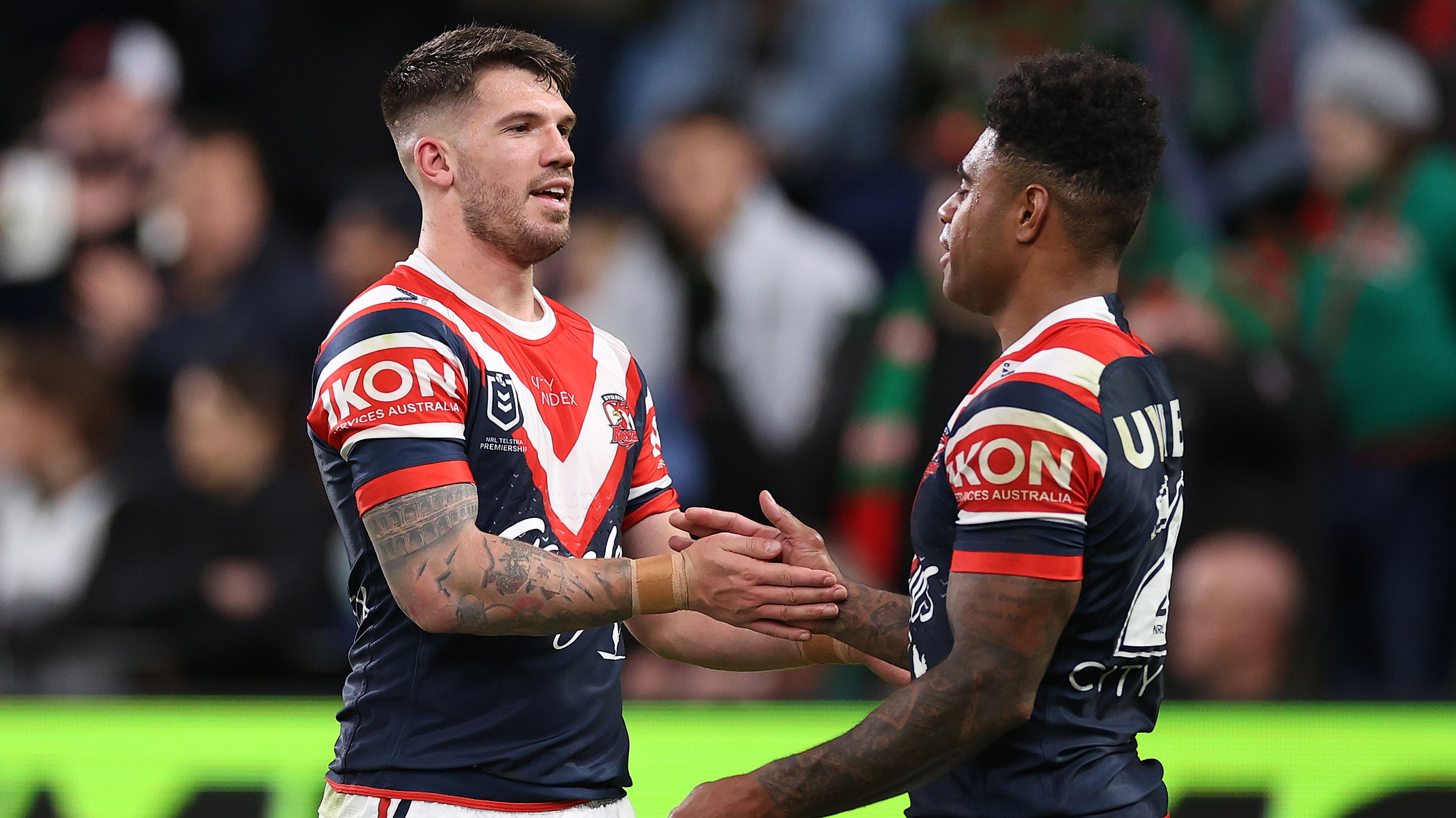 Oliver Gildart of the Roosters and Kevin Naiqama of the Roosters celebrate after winning the round 25 NRL match between the Sydney Roosters and the South Sydney Rabbitohs at Allianz Stadium on September 02, 2022, in Sydney, Australia. (Photo by Cameron Spencer/Getty Images)