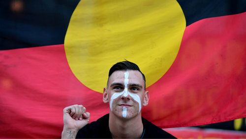 Dylan Voller joins protesters gathering for a march organised by Grandmothers Against Removals (GMAR) to mark Aboriginal and Torres Strait Islander Children's Day in August 2017. (AAP)