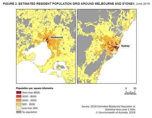 Estimated resident population grid around Melbourne and Sydney. 