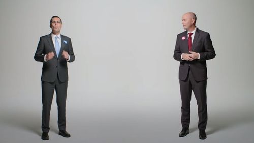 Chris Peterson and Spencer Cox in the positive political ad.