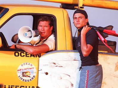 David Hasselhoff and Jeremy Jackson on the set of Baywatch, 1995
