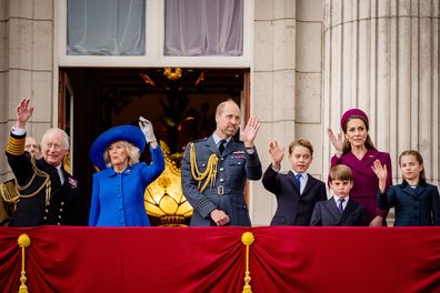 King Charles III, Queen Camilla, the Prince of Wales, Prince George, the Princess of Wales, Prince Louis and Princess Charlotte on the balcony of Buckingham Palace, London, to view the fly past featuring the Royal Air Force's Red Arrows and current and historic military aircraft, at the end of the military procession marking the 80th anniversary of VE Day, and in honour of those who served during the Second World War. Monday May 5, 2025. 