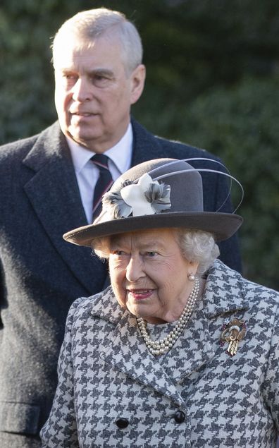 Britain's Queen Elizabeth II and Prince Andrew arrive at St Mary the Virgin, in Hillington, England, to attend a Sunday church service, Sunday, Jan. 19, 2020. Buckingham Palace says Prince Harry and his wife, Meghan, will no longer use the titles "royal highness" or receive public funds for their work under a deal that allows them to step aside as senior royals.  (Joe Giddens/PA via AP)