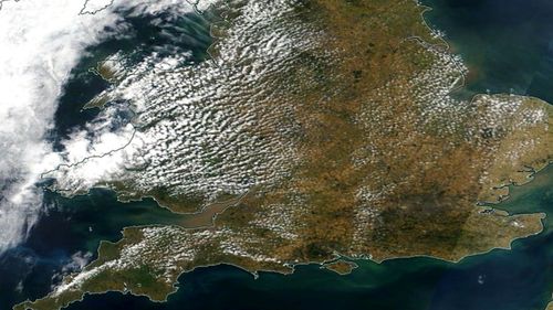 This satellite photo shows how much of the UK has turned brown during the heatwave and drought. (Image: NASA).