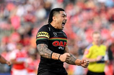 Moses Leota of the Panthers celebrates after scoring a try during round 20 between the Dolphins and Penrith Panthers.