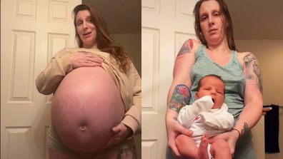 Left: woman with huge pregnancy belly. Right: Same woman with big newborn baby.