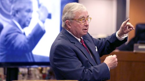 Defense attorney Dick DeGuerin makes his opening statements in Robert Durst's murder trial in Los Angeles, Tuesday, March 10, 2020. 