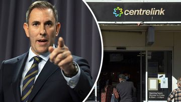 Jim Chalmers and people queueing outside a Centrelink.