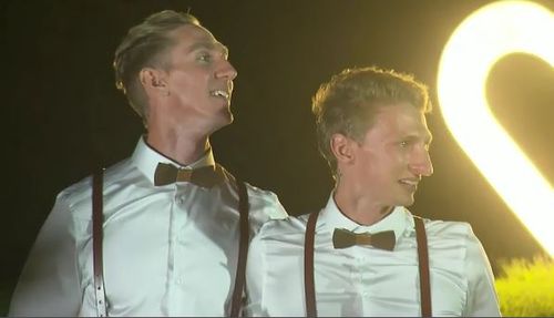 Craig Burns (left) and Luke Sullivan tied the knot just after the stroke of midnight. (9NEWS)