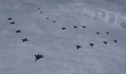 In this photo provided by South Korea Defense Ministry, U.S. and South Korea Air Force fighter jets including South Korea's F-35A stealth fighters  and U.S. F-16 fighter jets, fly in formation during a joint drill on Tuesday, June, 7, 2022.  