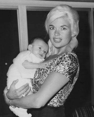 Jayne Mansfield holding six-weeks old Mariska Hargitay, United States, March 1964. (Photo by Archive Photos/Getty Images)