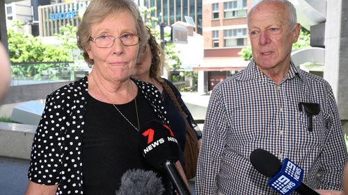 Wendy and Lawrie Brooks talking to the media outside the Inquest into the Death of their son Jeffrey Brooks at the Brisbane Coroners Court in Brisbane.