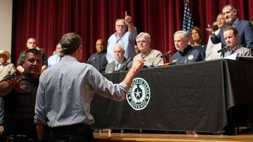 Beto O&#x27;Rourke confronting the state&#x27;s leadership, including Governor Greg Abbott.