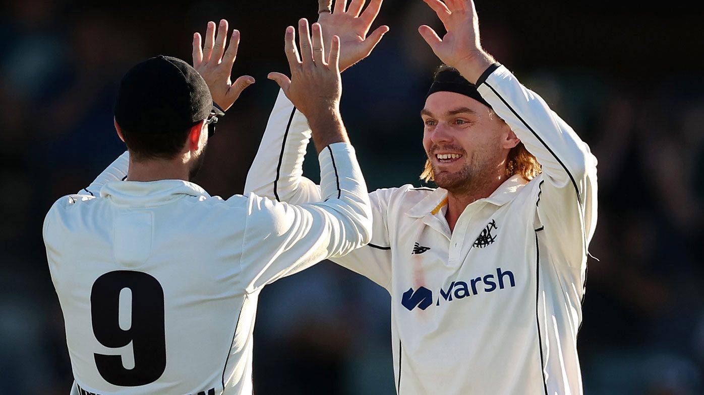 Corey Rocchiccioli of Western Australia celebrates the wicket of Gabe Bell of Tasmania during day four of the Sheffield Shield Final match between Western Australia and Tasmania at WACA, on March 24, 2024, in Perth, Australia.