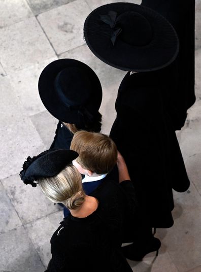 LONDON, ENGLAND - SEPTEMBER 19: Sophie, Countess of Wessex, Princess Charlotte of Wales, Prince George of Wales and Catherine, Princess of Wales at Westminster Abbey for The State Funeral of Queen Elizabeth II on September 19, 2022 in London, England. Elizabeth Alexandra Mary Windsor was born in Bruton Street, Mayfair, London on 21 April 1926. She married Prince Philip in 1947 and ascended the throne of the United Kingdom and Commonwealth on 6 February 1952 after the death of her Father, King Ge