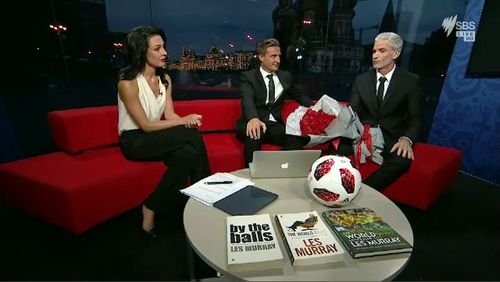 SBS World Cup presenters Lucy Zelic and Craig Foster have shared an emotional moment of appreciation with each other in the closing of their coverage. Picture: SBS.