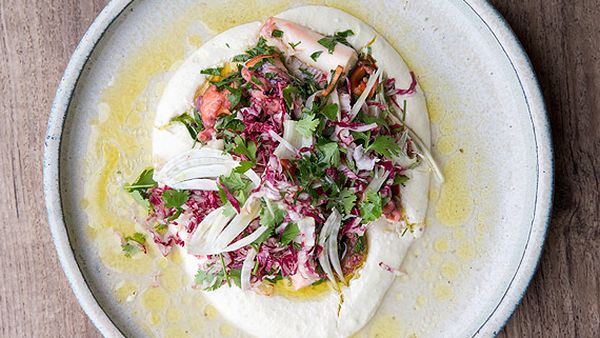 Nonna's boiled octopus with almond puree, garlic, chilli and olive oil