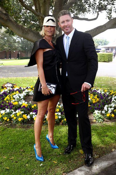 Pip Edwards and Michael Clarke attend Everest Race Day at Royal Randwick Racecourse on October 17, 2020 in Sydney, Australia. 