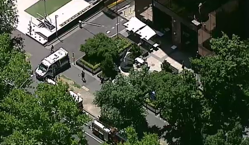 Emergency services at the scene on St Kilda Road, where both the US and Indian consulates are located.