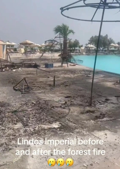 Traveller shares footage of 5-star Greek resort before and after wildfire sweeps through.