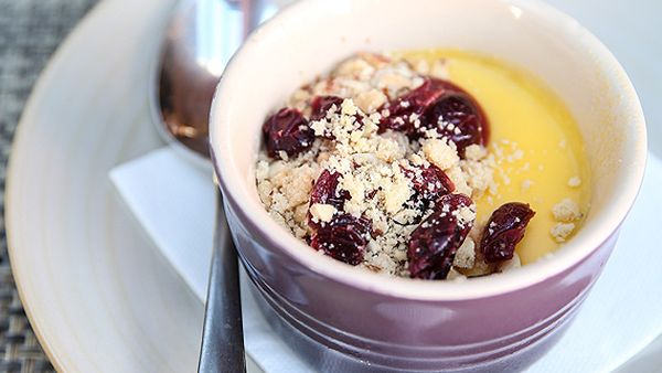 Mandarin posset, with short bread and cranberry crumble