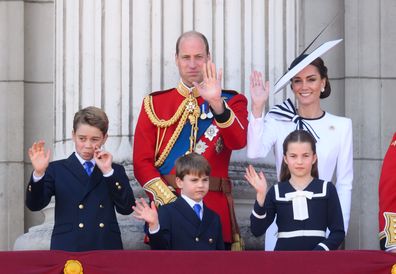 : Prince George of Wales, Prince William, Prince of Wales, Prince Louis of Wales, Princess Charlotte of Wales and Catherine, Princess of Wales on the balcony of Buckingham Palace during Trooping the Colour on June 15, 2024 in London, England. 
