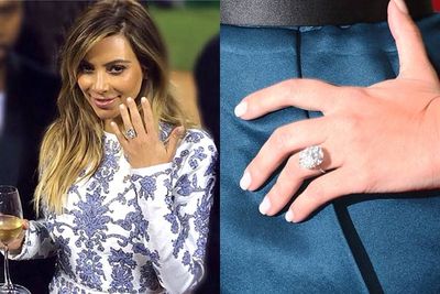 Kanye's 15-carat square-cut diamond ring for Kim is smaller than the rock she got from Kris, but just as impressive. Also designed by Lorraine Schwartz, the ring is worth $1.6 million. Kanye requested that the diamonds are sourced ethically... no blood diamonds for Kim!<br/><br/>Image: Instagram/Getty