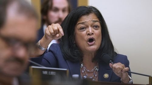 Rep. Pramila Jayapal, D-Wash., speaks with FBI Director Kash Patel as he appears before the House Judiciary Committee, on Capitol Hill in Washington, Wednesday, Sept. 17, 2025.  (AP Photo/Mark Schiefelbein)