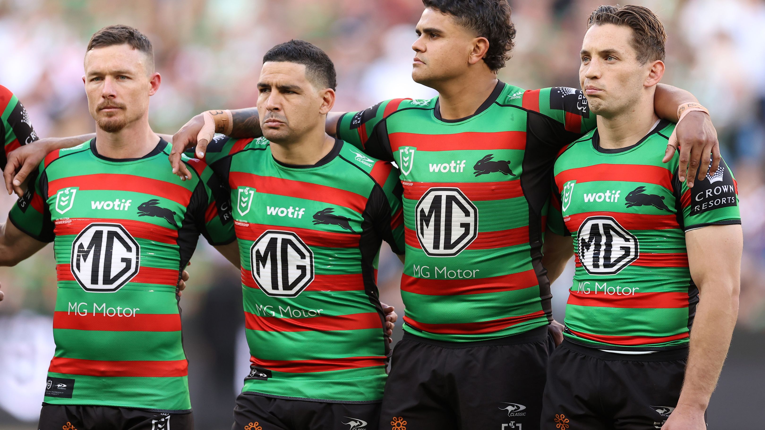 Damien Cook, Cody Walker, Latrell Mitchell and Cameron Murray of the Rabbitohs.