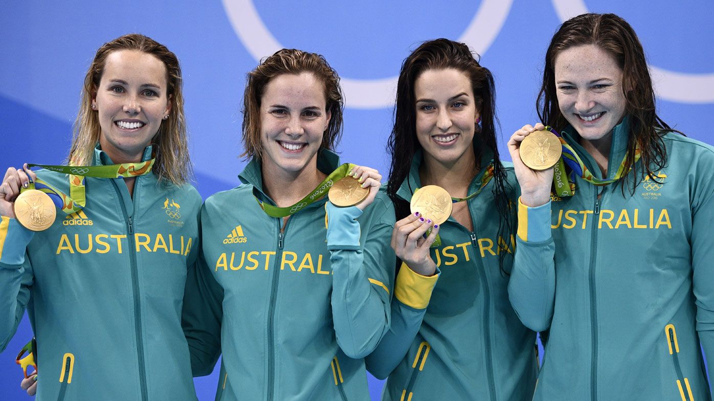 Australia's gold-medal winning women's 4x100m freestyle team (AFP)