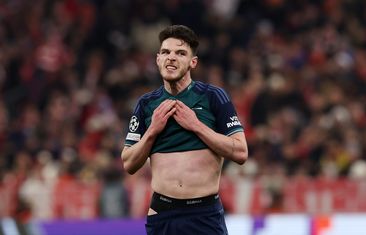 Declan Rice of Arsenal looks dejected at Allianz Arena.