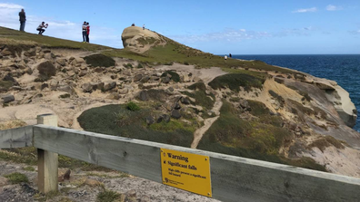 Visitors to Dunedin's Tunnel Beach ignore a barrier fence and signs in order to take photos near a cliff edge.