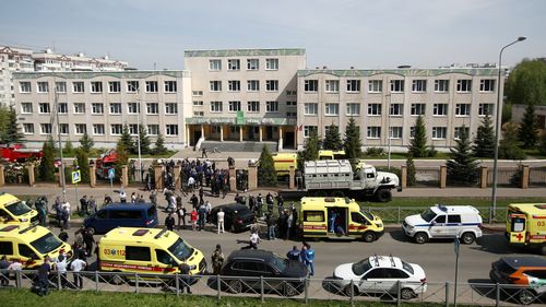 KAZAN, RUSSIA  MAY 11, 2021: Police cars and ambulances by school No 175 where two attackers opened fire; at least one teacher and eight students are reported dead. Yegor Aleyev/TASS (Photo by Yegor Aleyev\TASS via Getty Images)