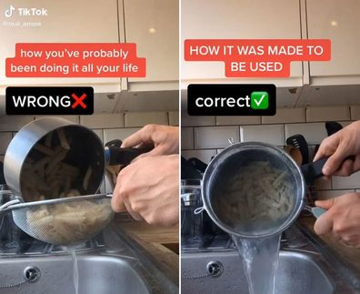 Man draining a pot of pasta two different ways