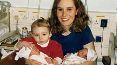 Tana Ramsay with eldest daughter, Megan, and twins Holly and Jack in 2000.