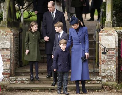 Britain's Kate, the Princess of Wales, from right, Prince Louis, Prince George, Prince William and Princess Charlotte leave after attending the Christmas day service at St Mary Magdalene Church in Sandringham in Norfolk, England, Monday, Dec. 25, 2023.